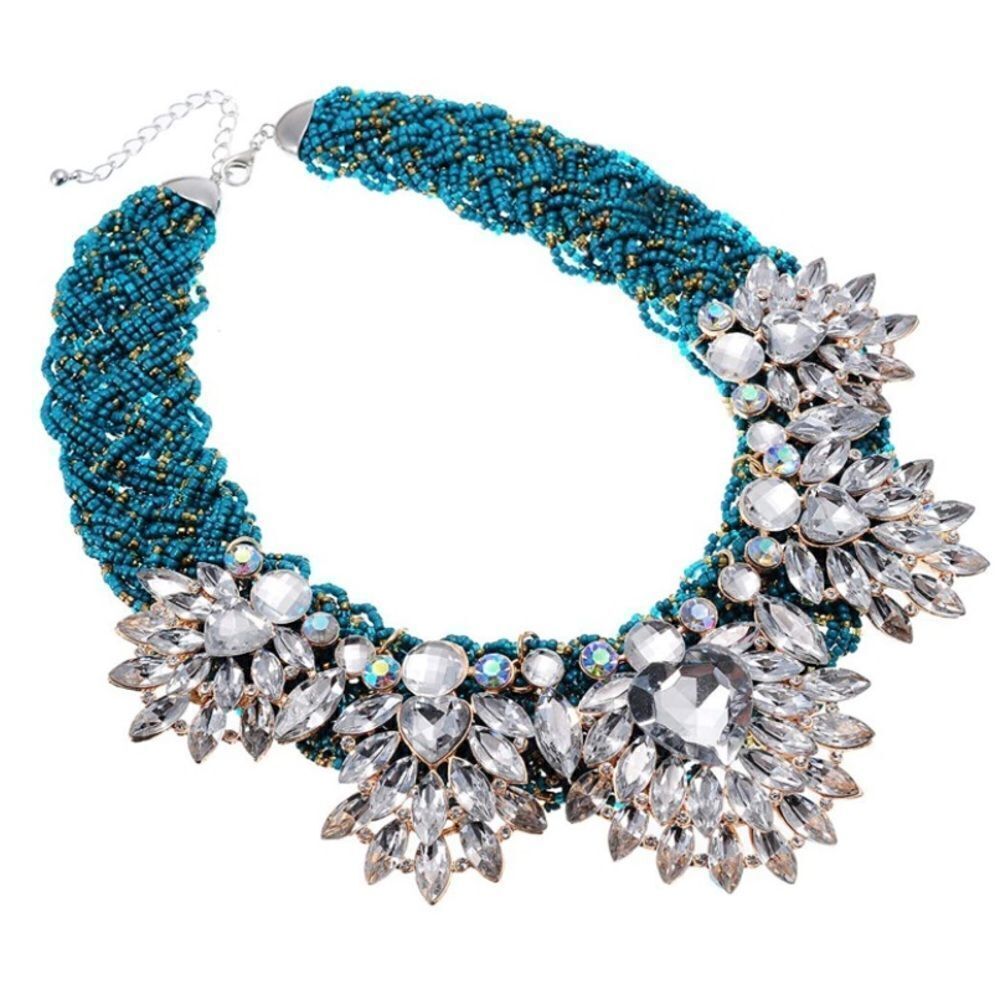 Silver with Diamond Cubic Zirconia and Blue Beaded Chunky Collar Bib Necklace